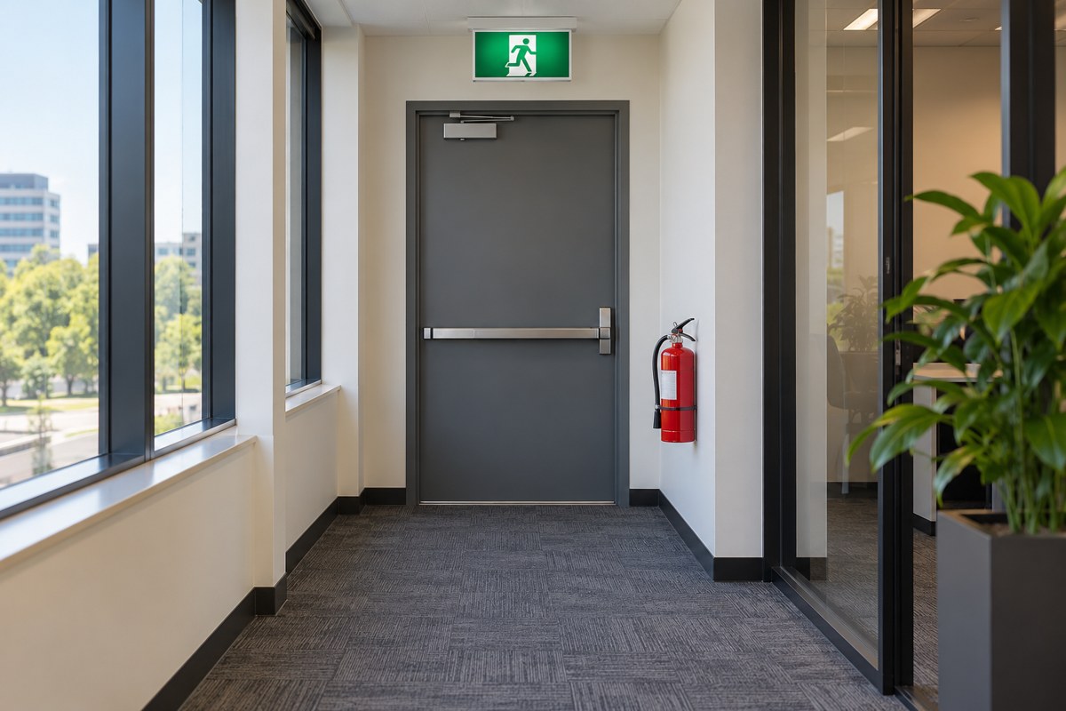 Generated illustration of exit signage, a fire door and fire equipment