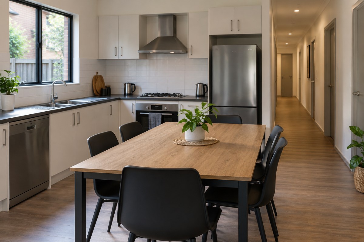 Generated illustration of a rooming-house communal kitchen and dining area
